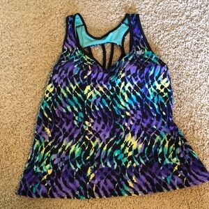Vibrant Purple and Blue Patterned swim tankini top. Size XL